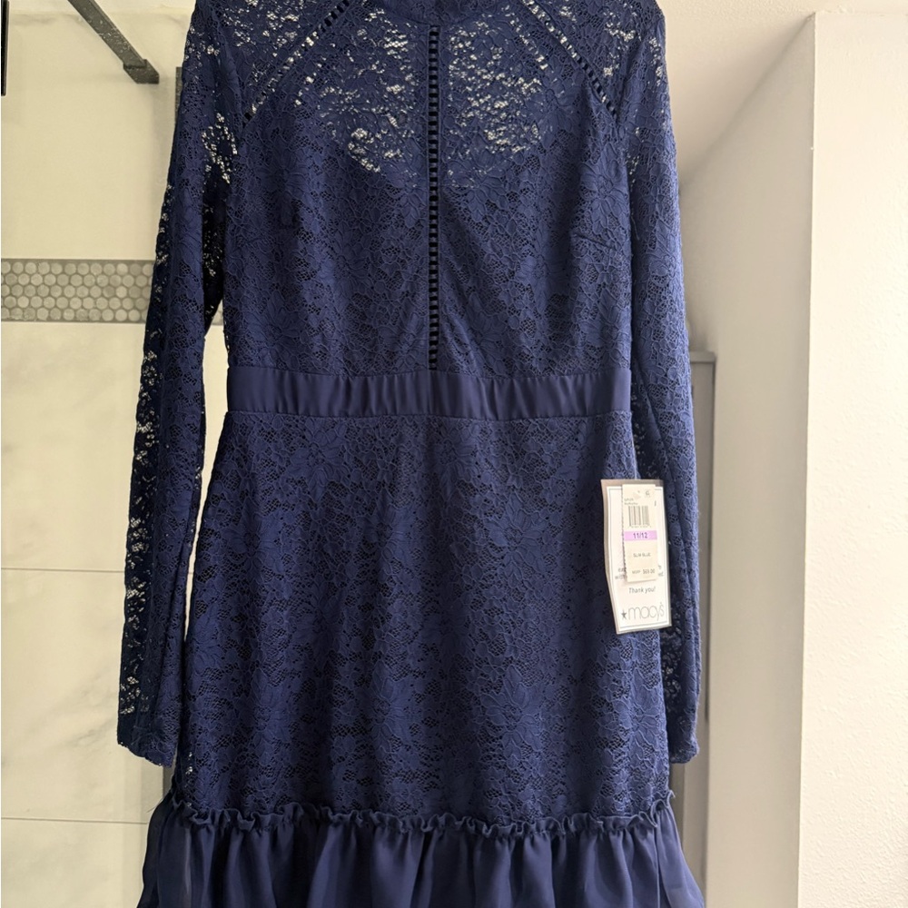 B Darlin Blue lace Dress Long Sleeves Crew Neck